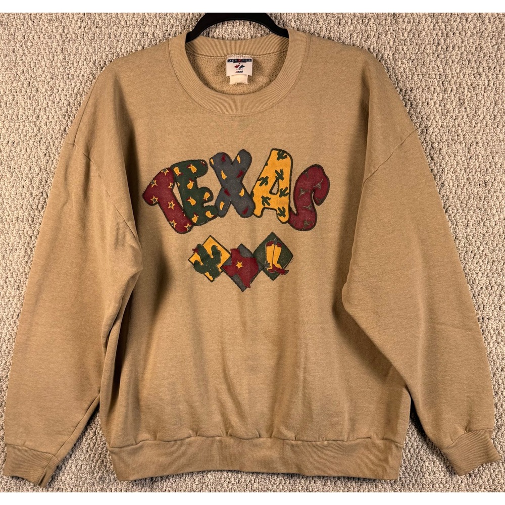 Jerzees Texas Sweatshirt Vintage XL Tan 90s Western Cactus Cowboy Boot VTG
